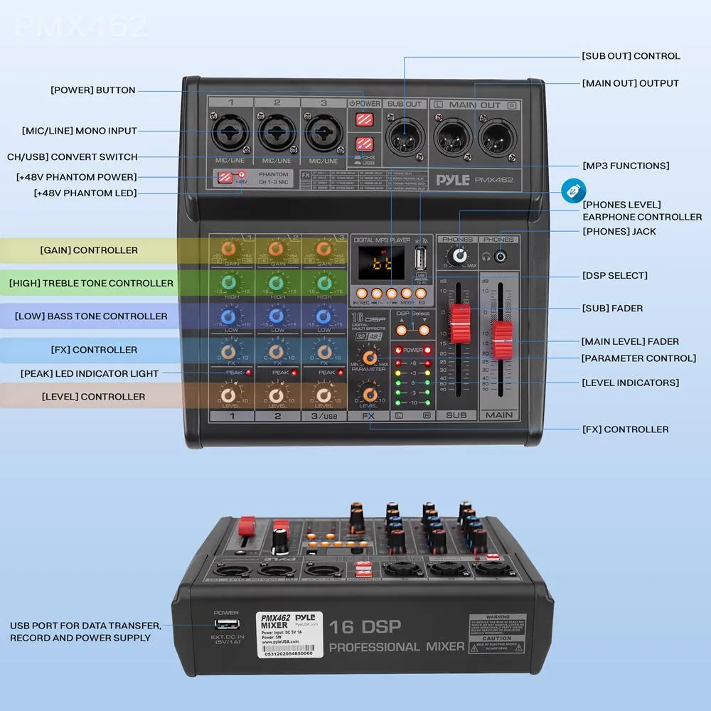 3-Channel Audio Mixer With Usb Interface -  Built-In Fx Processor  Mp3 Player, Xlr & 6.35 Jack Connectors