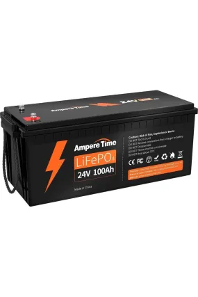 Ampere Time 24V 100Ah, 2560Wh Lithium LiFePO4 Battery & Built In 100A BMS