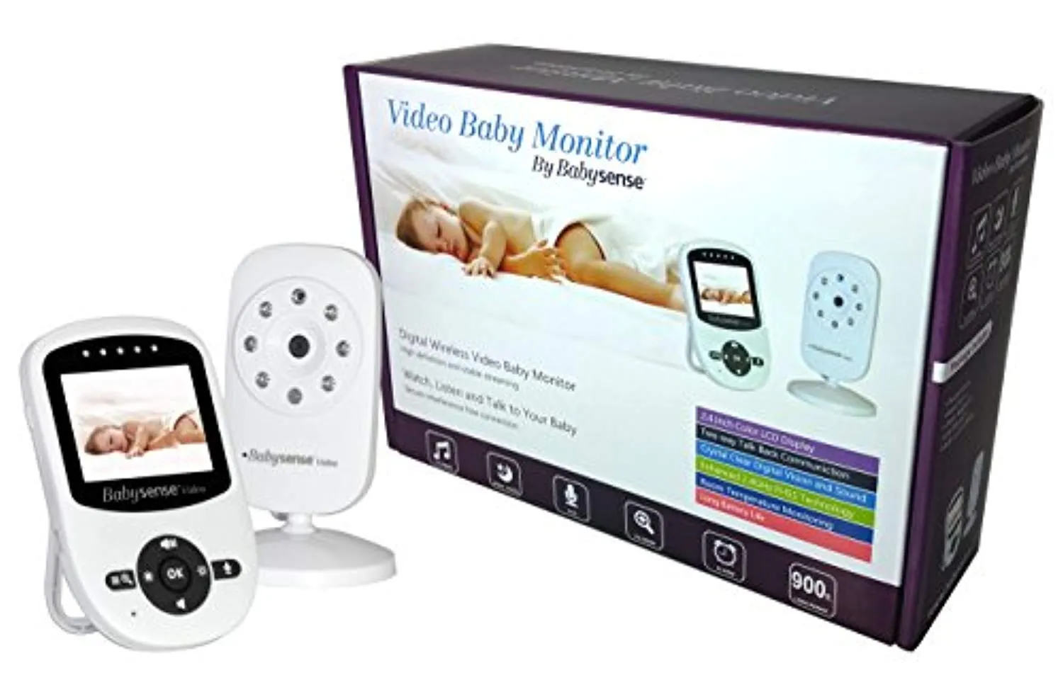 Babysense Video Baby Monitor with Infrared Night Vision, Two Way Talk Back, Room Temperature, Lullabies, Long Range and High Capacity Battery