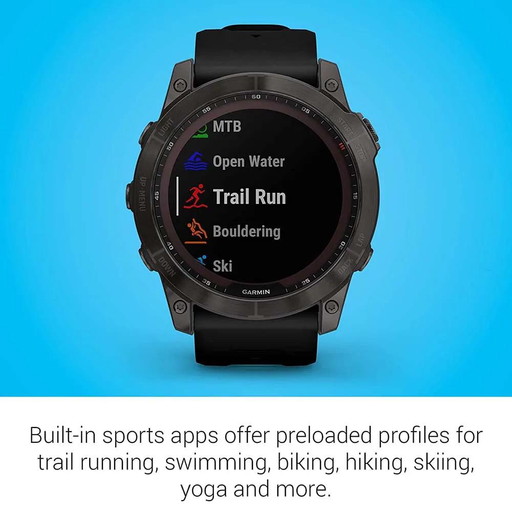 Garmin fenix 7X Sapphire Carbon Gray DLC Titanium with Black Band Solar Charging Capabilities Rugged Outdoor GPS Touchscreen Smartwatch - 010-02541-10
