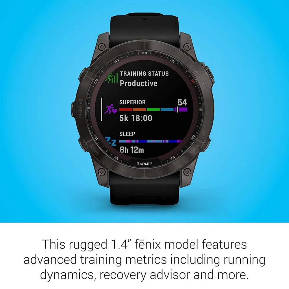 Garmin fenix 7X Sapphire Carbon Gray DLC Titanium with Black Band Solar Charging Capabilities Rugged Outdoor GPS Touchscreen Smartwatch - 010-02541-10