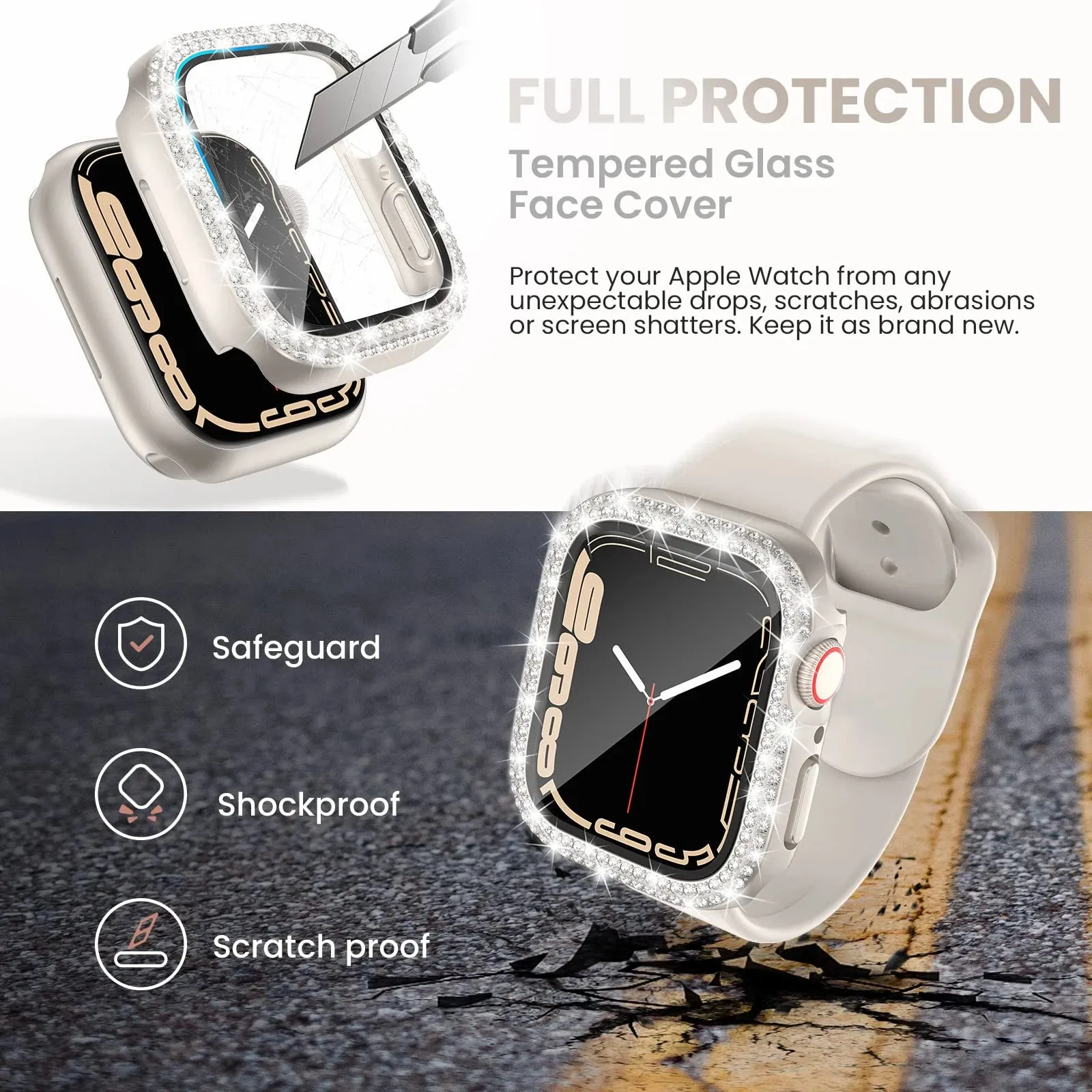 Glass Diamond Cover For Apple watch case 40mm 44mm 41mm 45mm 38mm 42mm Bling Bumper Protector iWatch series 9 3 5 6 7 8 se case