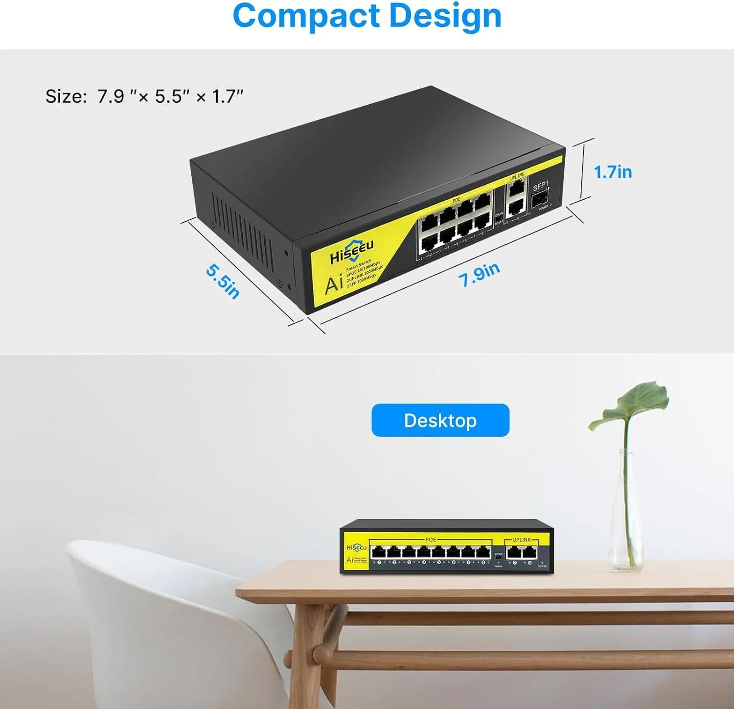 Hiseeu【1000 Mbps】8 Port PoE Switch (8 PoE  Ports   2 Ethernet Uplink Ports), 802.3 af/at, 100Mbps, Plug & Play, 120W, AI Watchdog, 250m (820 ft), Noiseless/ Compact & Sturdy Metal Case/ Desktop