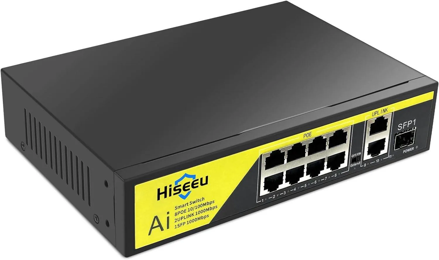 Hiseeu【1000 Mbps】8 Port PoE Switch (8 PoE  Ports   2 Ethernet Uplink Ports), 802.3 af/at, 100Mbps, Plug & Play, 120W, AI Watchdog, 250m (820 ft), Noiseless/ Compact & Sturdy Metal Case/ Desktop
