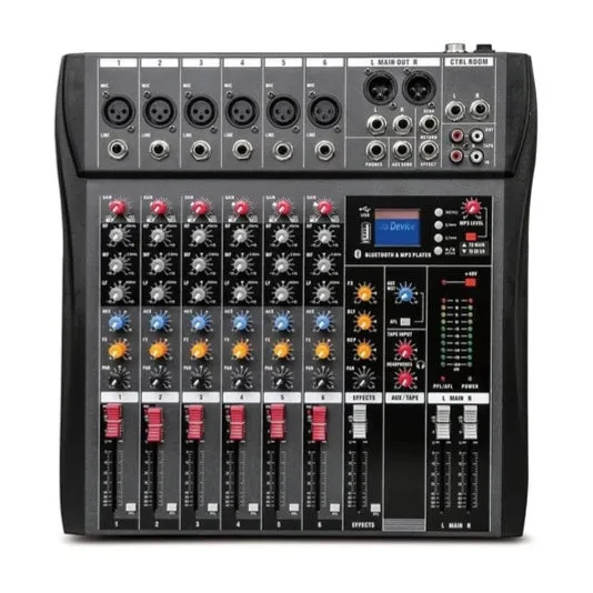 6-Channel Bluetooth Audio Mixer Console with USB Amplifier & AUX, Ideal for DJ & Live Studio Sessions