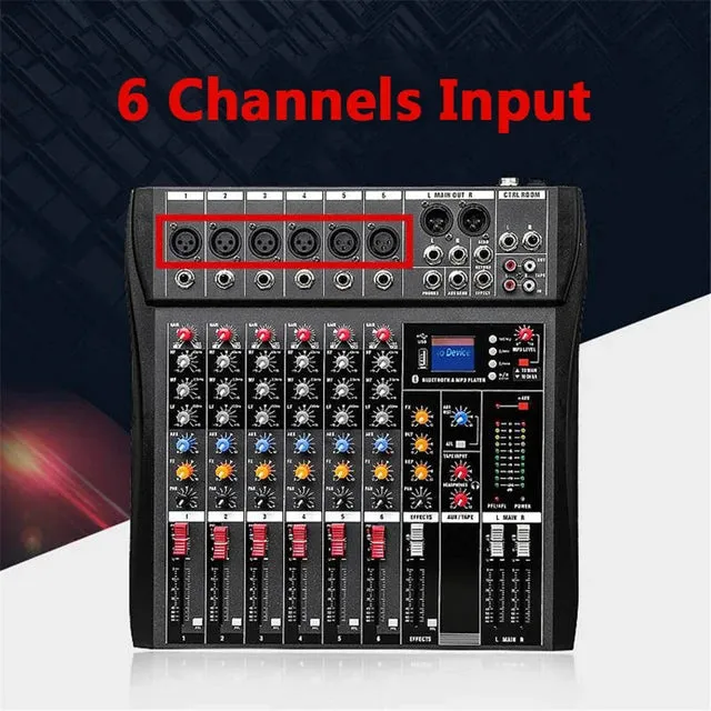 6-Channel Bluetooth Audio Mixer Console with USB Amplifier & AUX, Ideal for DJ & Live Studio Sessions
