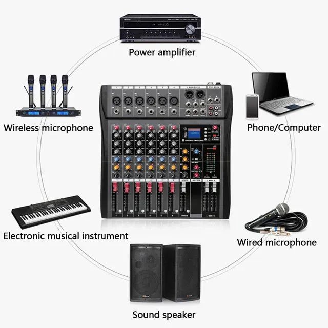 6-Channel Bluetooth Audio Mixer Console with USB Amplifier & AUX, Ideal for DJ & Live Studio Sessions