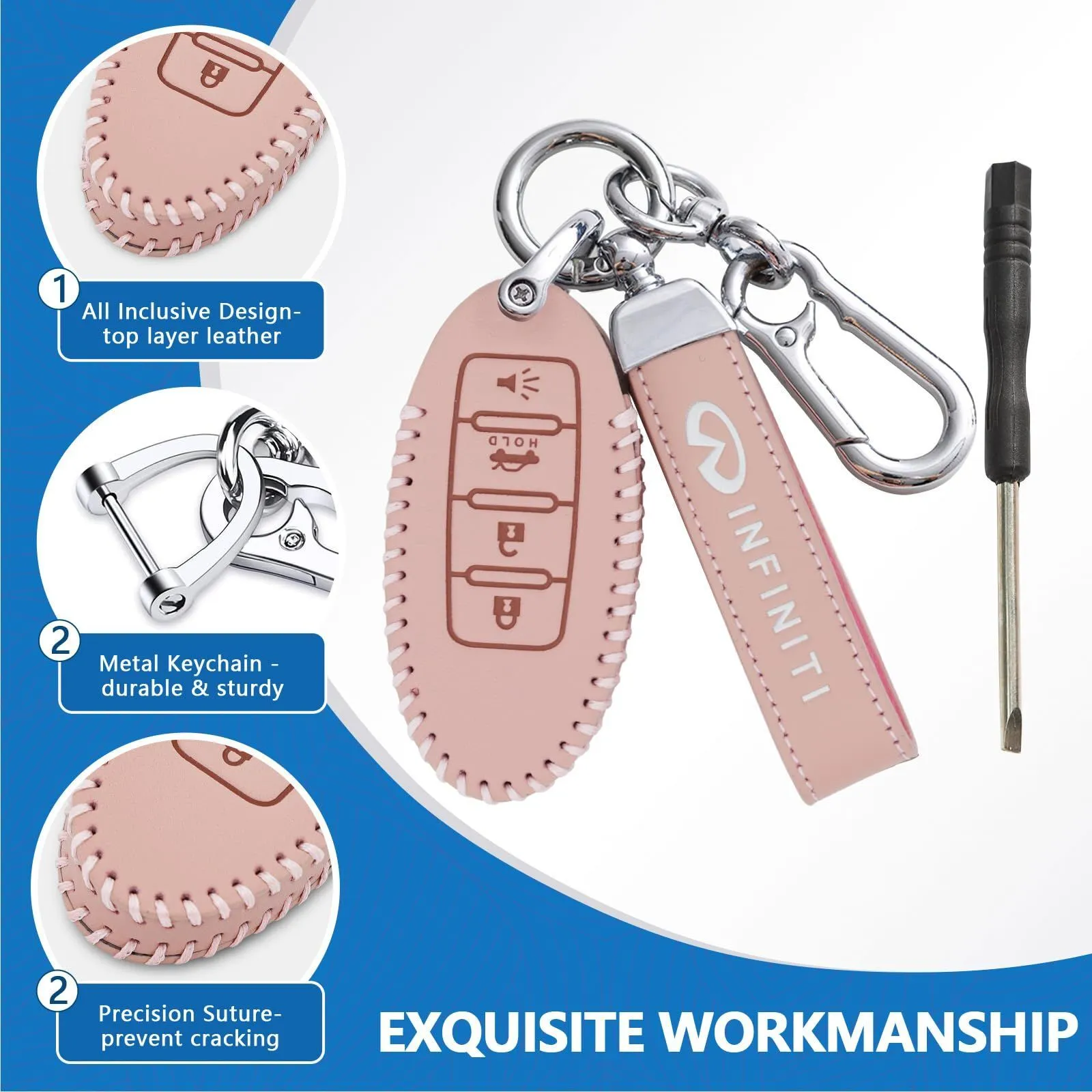 Leather Key Fob Case Cover for Infiniti with Key Chain, Key