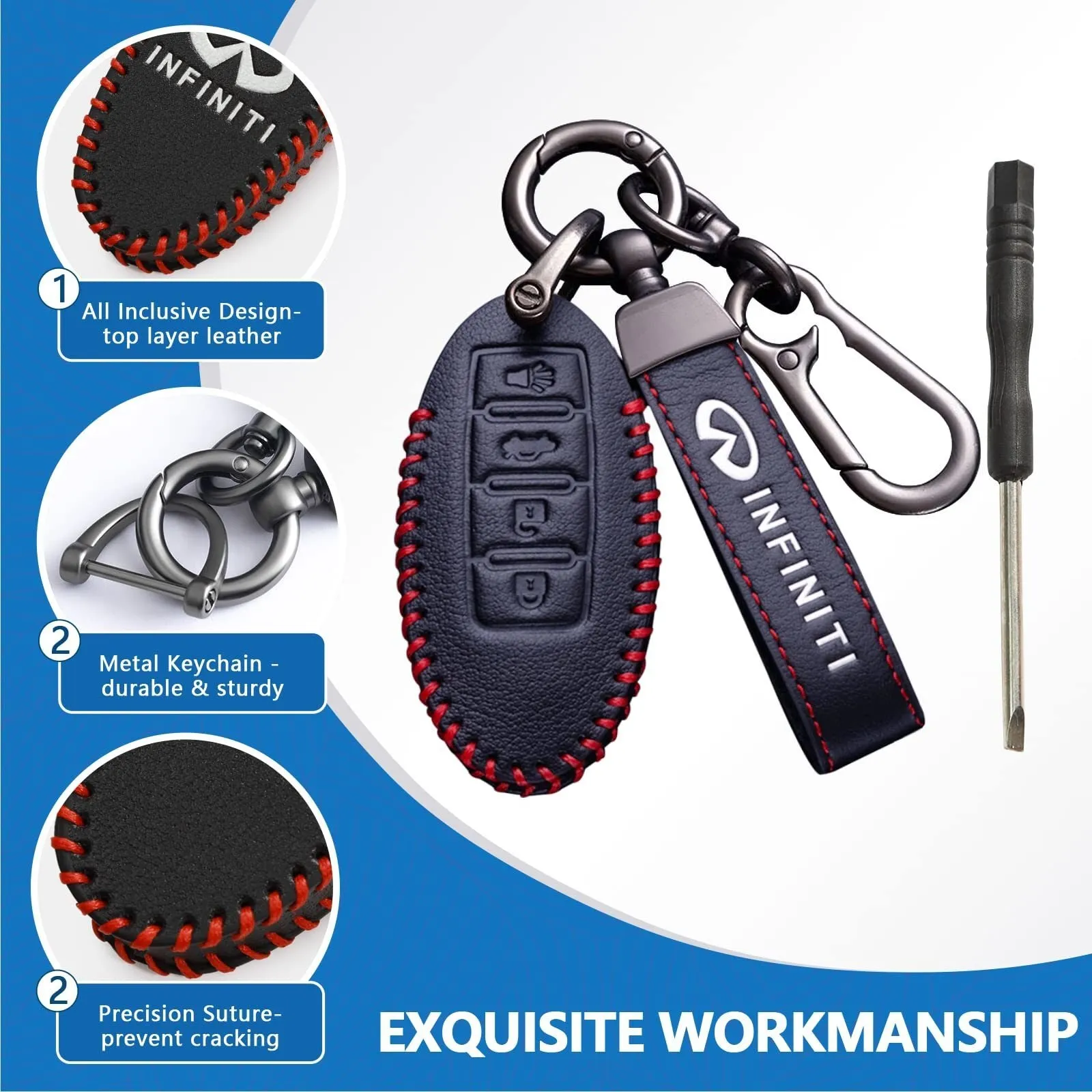 Leather Key Fob Case Cover for Infiniti with Key Chain, Key