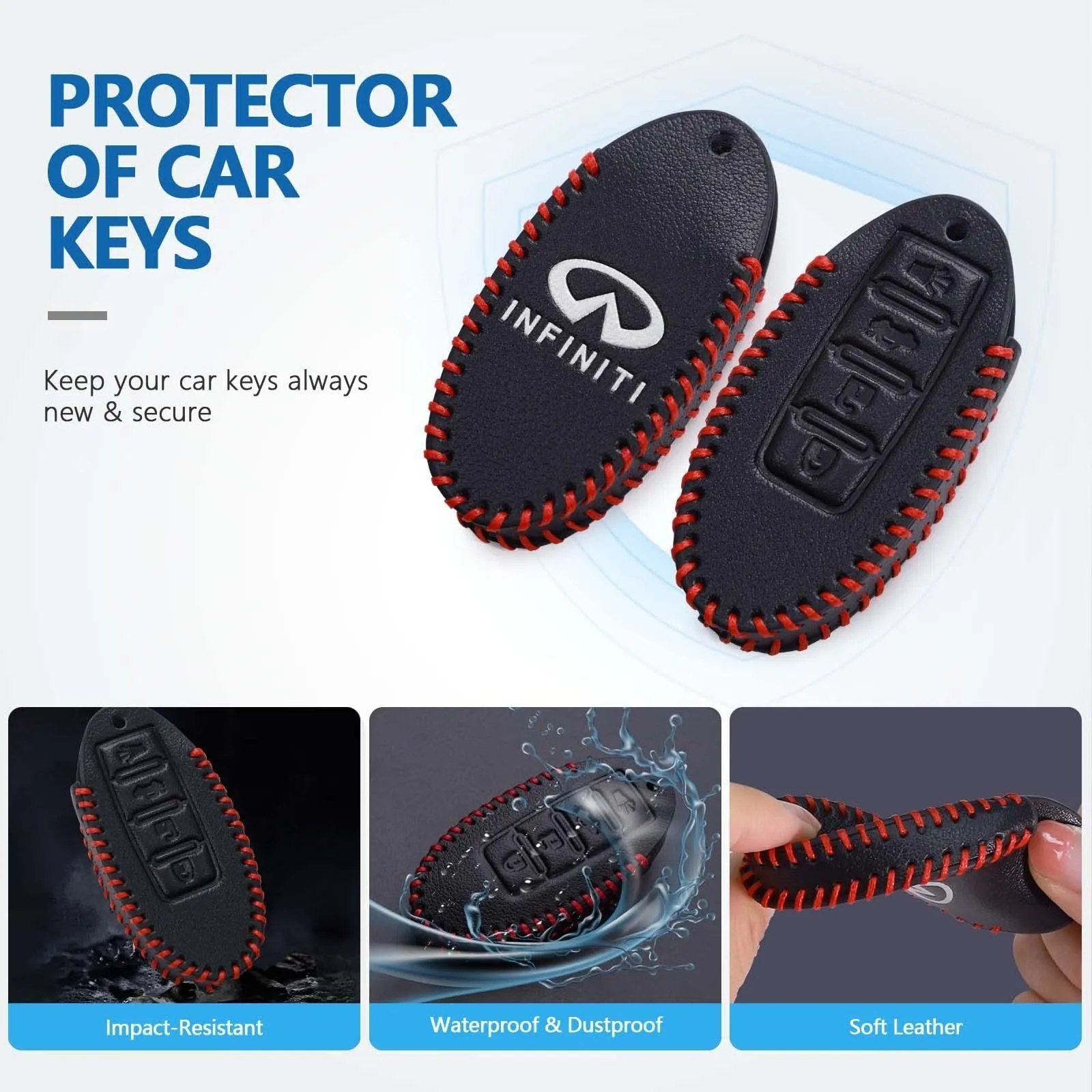 Leather Key Fob Case Cover for Infiniti with Key Chain, Key