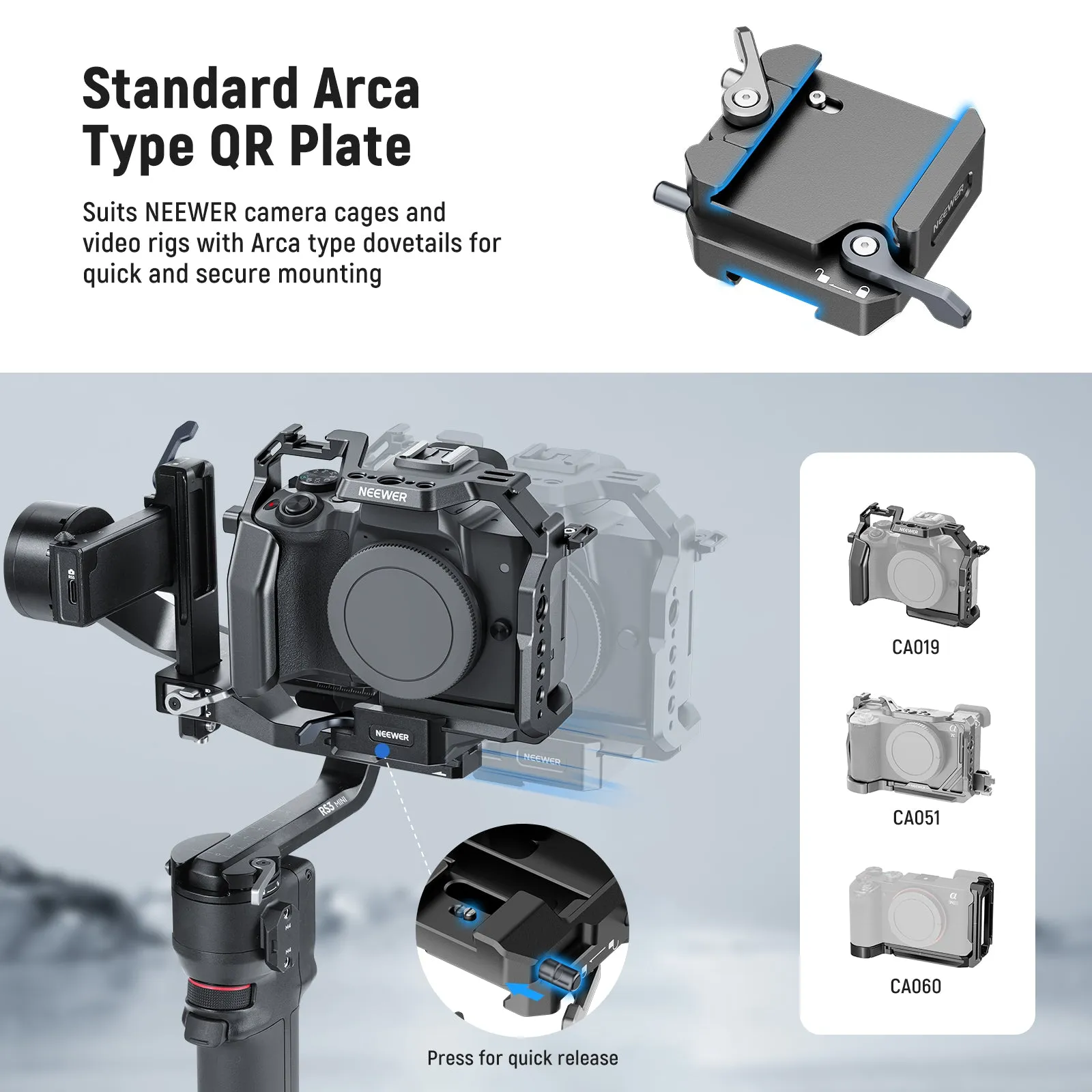 NEEWER GA013 Extended Vertical Arm & Arca Type QR Plate Kit for DJI RS 3 Mini