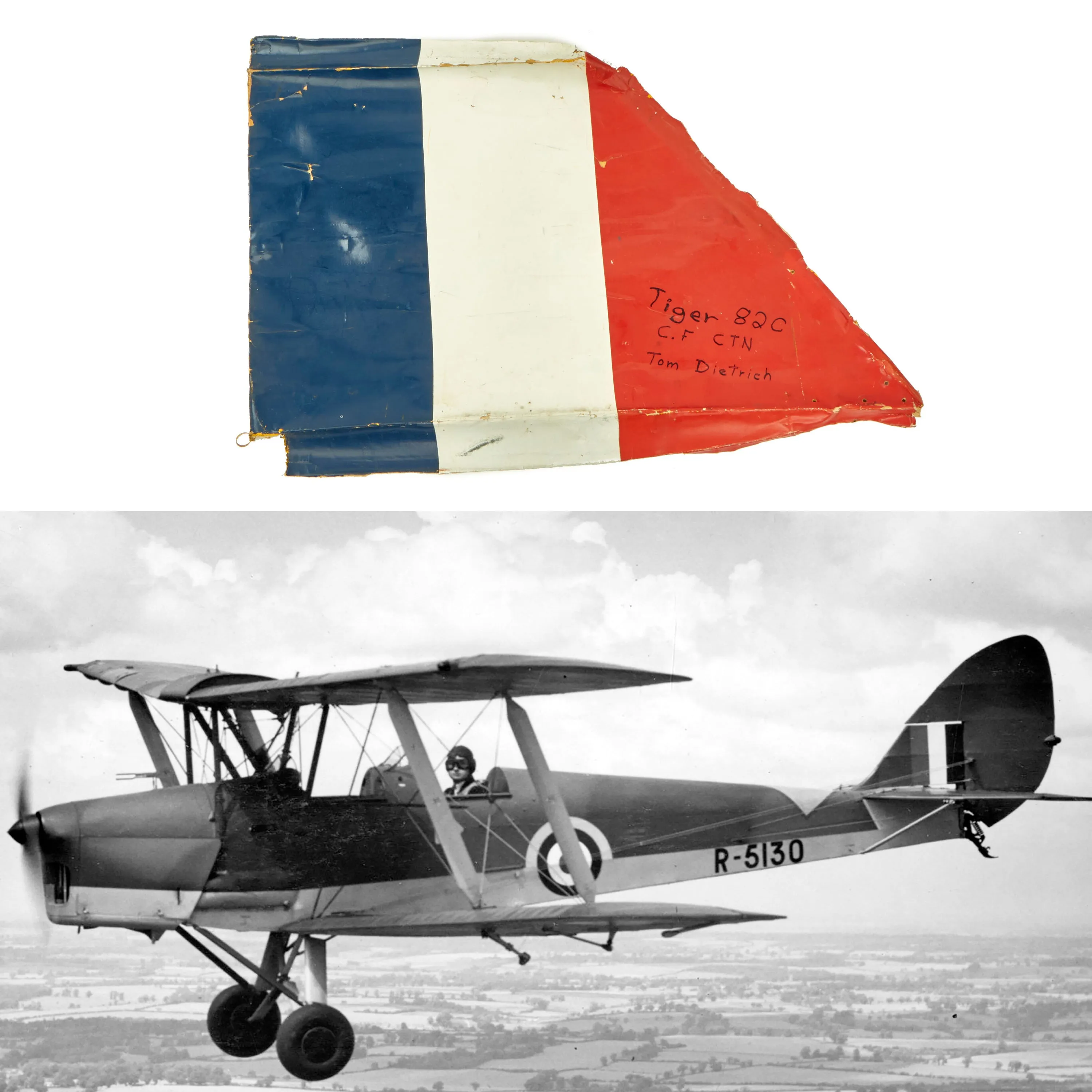 Original British WWII de Havilland DH.82 Tiger Moth Vertical Stabilizer Fin Aircraft Skin - 30” x 21”