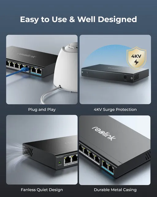 Reolink PoE Switch with 8 PoE Ports and 2 Gigabit Uplink Ports, 120W Power Budget, RLA-PS1