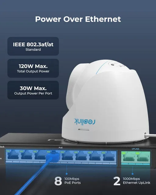 Reolink PoE Switch with 8 PoE Ports and 2 Gigabit Uplink Ports, 120W Power Budget, RLA-PS1