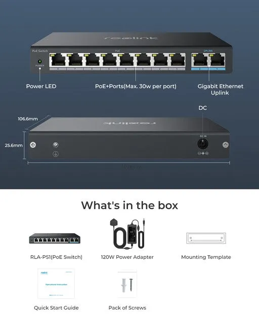 Reolink PoE Switch with 8 PoE Ports and 2 Gigabit Uplink Ports, 120W Power Budget, RLA-PS1