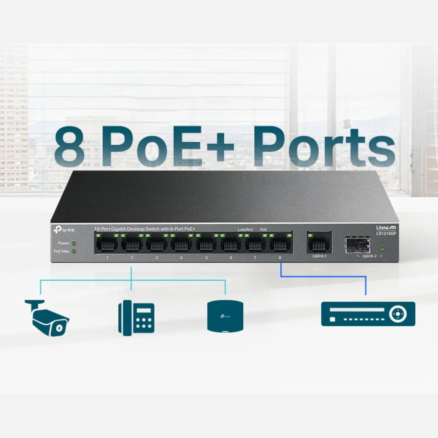 TP-Link 10-Port Gigabit Desktop Switch with 8 PoE  Ports, 61W Budget, 250m PoE Transmission, Fanless Metal Case, Plug and Play