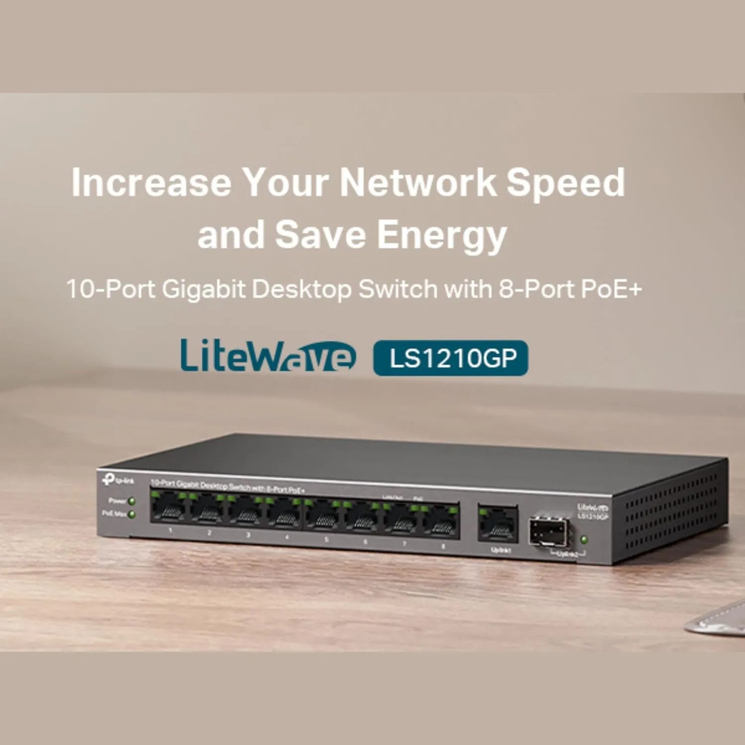 TP-Link 10-Port Gigabit Desktop Switch with 8 PoE  Ports, 61W Budget, 250m PoE Transmission, Fanless Metal Case, Plug and Play