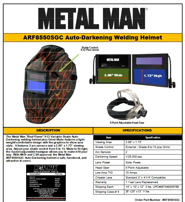 WELDING HELMET - METAL MAN AD 9-13 Variable G2 Red R/F Helmet- AB8735SGC